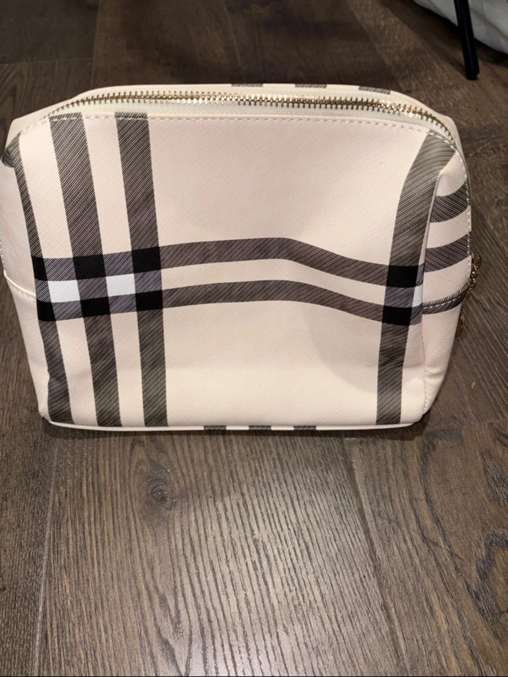 Cream Plaid Cosmetic Pouch with Black Check Detail